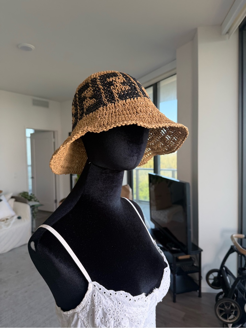 Vintage Fendi Woven Straw Bucket Hat- Tan/Black